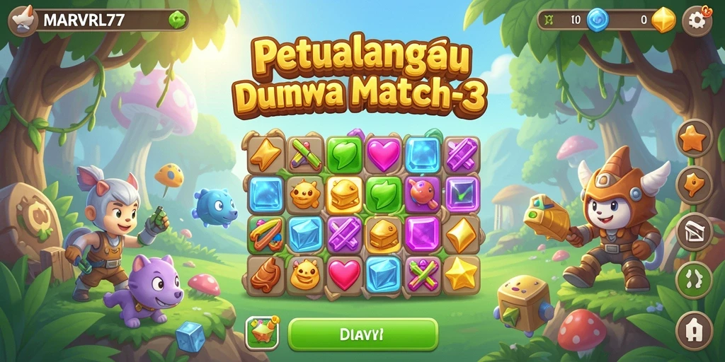 Screenshot MARVRL77 menampilkan gameplay Match-3 yang mengasyikkan.