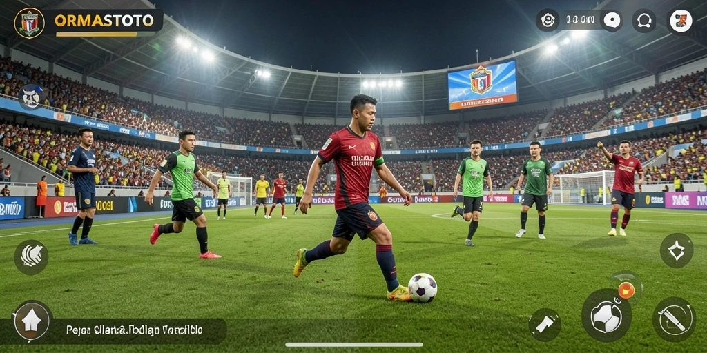 Tampilan gameplay menarik dalam ORMASTOTO dengan aksi sepak bola yang seru.