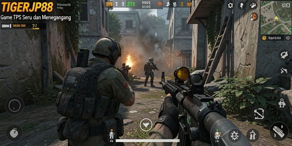 Screenshot utama TIGERJP88 menampilkan aksi pertarungan yang intens di medan perang.